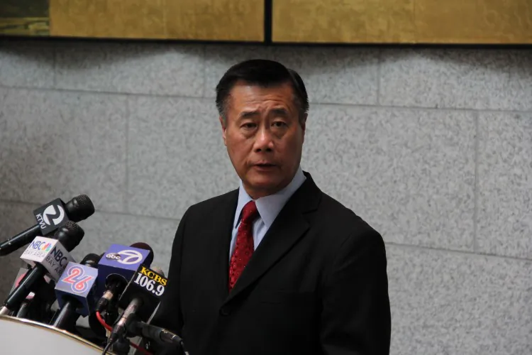 California State Senator Leland Yee speaks at a press conference on a death threat made against him, at the Hiram Johnson State Building, San Francisco, on Feb. 14, 2013. (Christian Watjen/The Epoch Times)