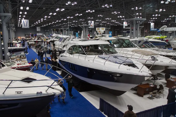 Boats are on display at the 2013 Progressive New York Boat Show on Jan. 3, 2013 at the Javits Center. The New York Boat Show is the longest running in the world at 108 years. (Benjamin Chasteen/The Epoch Times)