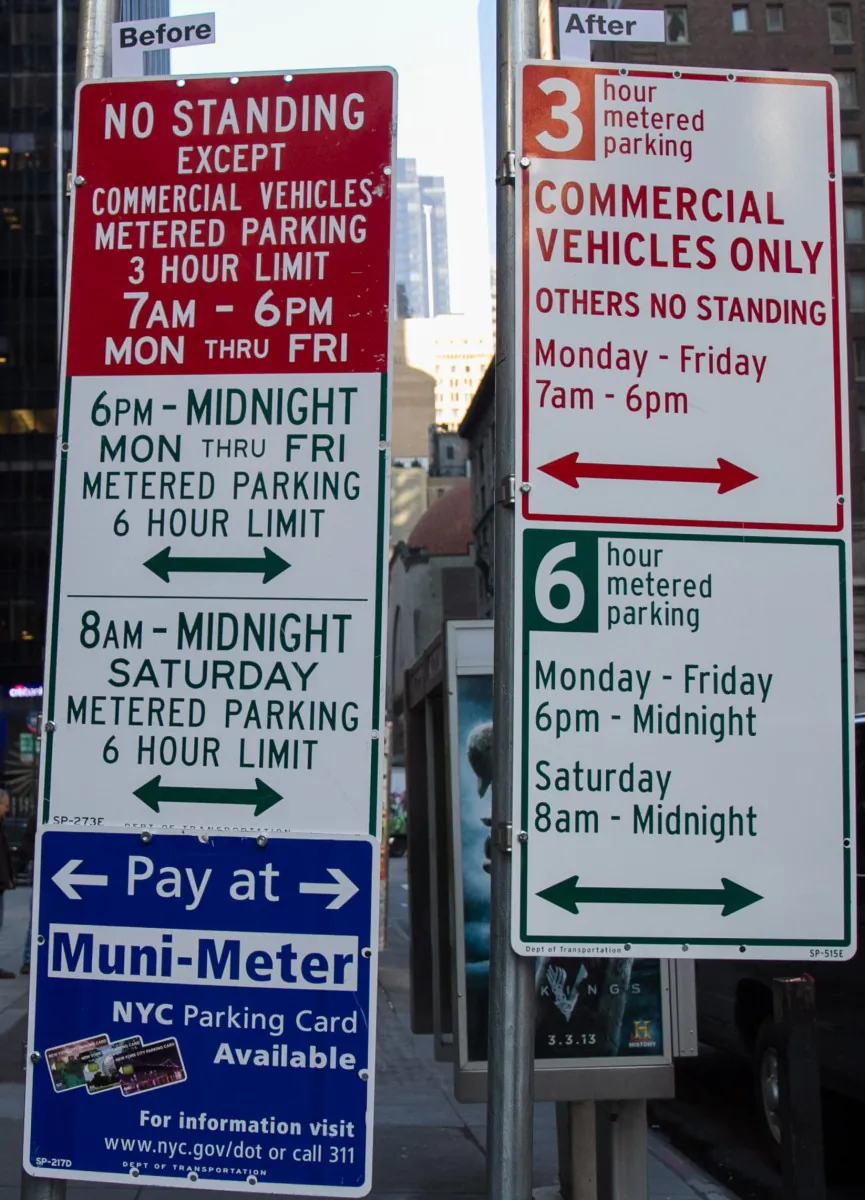 Council Member Daniel R. Garodnick, City Council Speaker Christine Quinn, and NYC DOT commissioner Janette Sadik-Khan, applaud as they unveil newly designed and simplified parking signs for New York City, Jan. 7. (Benjamin Chasteen/The Epoch Times)