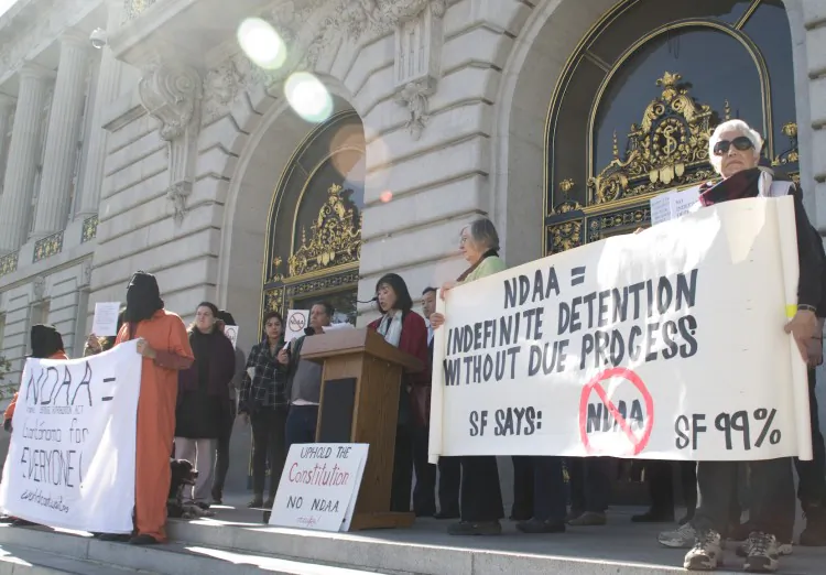 Members of civil rights groups speak out at a rally in support of a resolution by the San Francisco Board of Supervisors opposed to the indefinite detention provisions in the National Defense Authorization Act (NDAA), at San Francisco City Hall on Feb. 12, 2013. (Lear Zhou/The Epoch Times)
