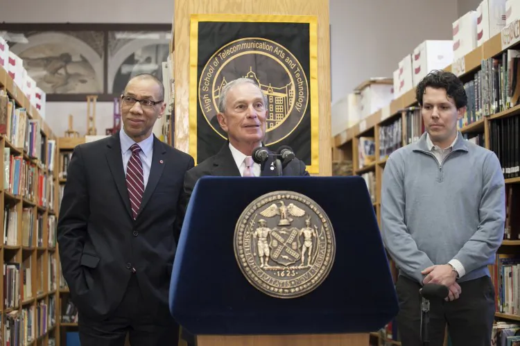 Schools Chancellor Dennis M. Walcott, Mayor Mike Bloomberg and AppNexus Cofounder and Chief Technology Officer Mike Nolet at announcement to expand Computer Science and Software Engineering classes to 20 schools in New York on Feb. 25, 2013. Deborah Yun/The Epoch Times)