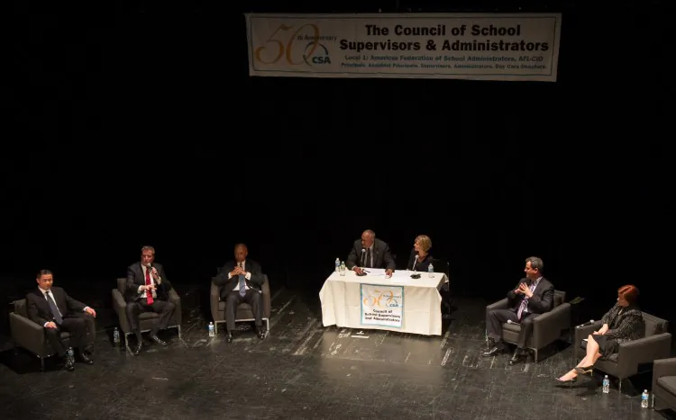 Mayoral candidates for New York City (from L-R) John Liu, current city comptroller; Bill de Blasio, public advocate; William Thompson, former city comptroller; Tom Allon, owner of Manhattan Media; and Christine Quinn, speaker of the City Council. (Deborah Yun/The Epoch Times)