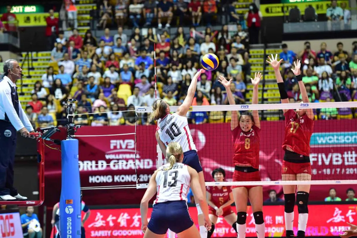 Larson-Burbach of the USA spikes a return during their match against China in the FIVB Grand Prix preliminary competition at the Coliseum Hong Kong on Saturday July 18, 2015. (Bill Cox/Epoch Times)