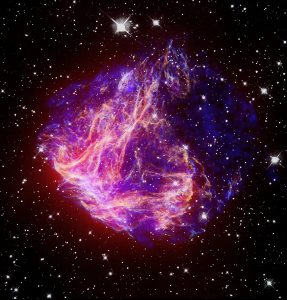 Above, a composite image of N49, the brightest supernova remnant in optical light in the Large Magellanic Cloud. (Credit: NASA/CXC/STScI/JPL-Caltech/UIUC/U. Minn.)