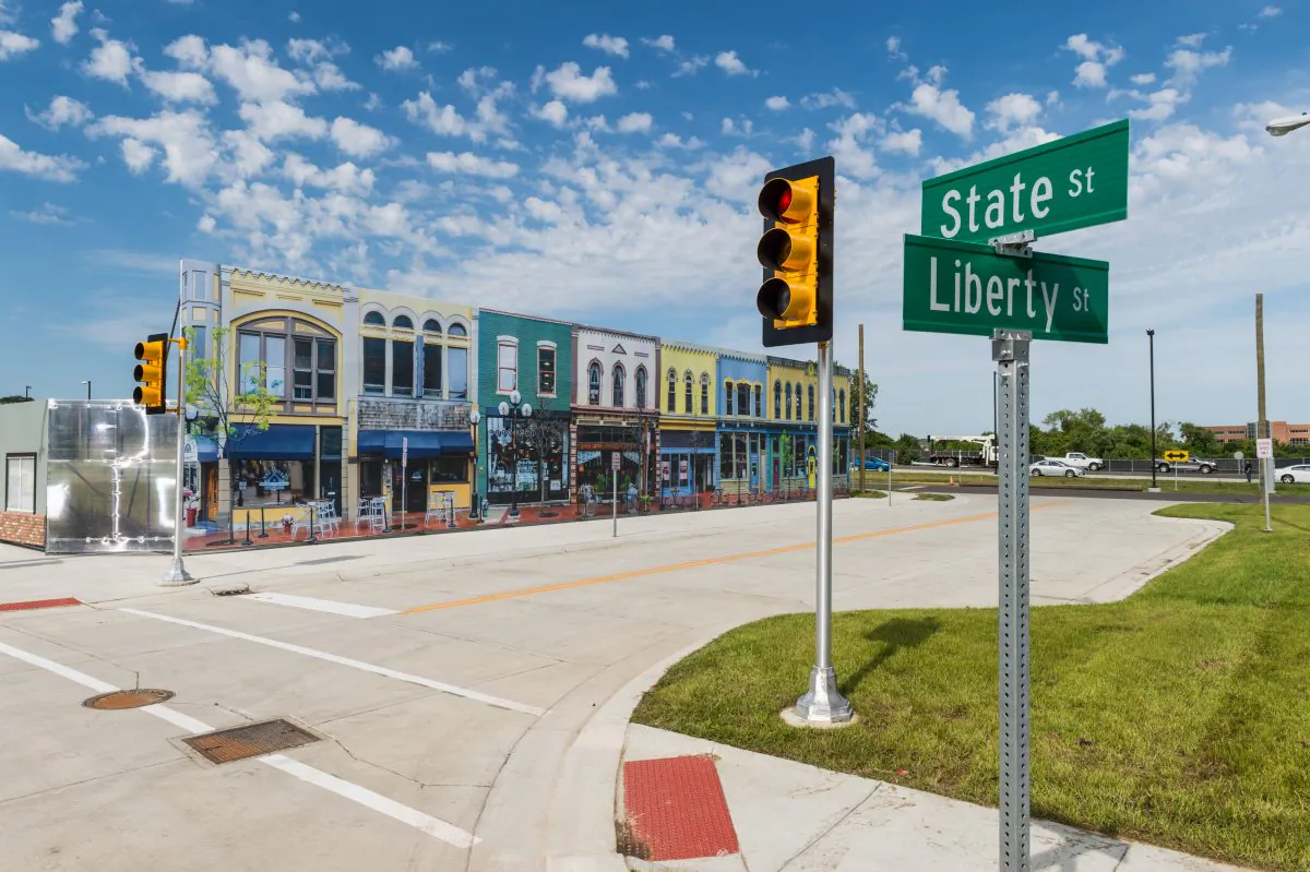 An intersection in Mcity (Mobility Transformation Center). 
