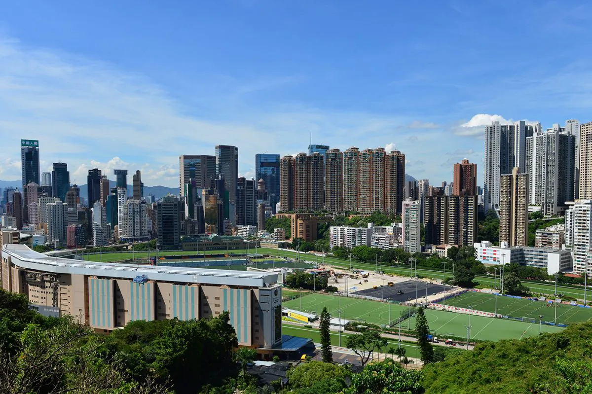 A bird's-eye view of Happy Valley Racecourse, Hong Kong, taken from Stubbs Road on June 18, 2015, looking towards Causeway Bay. (Bill Cox/Epoch Times)