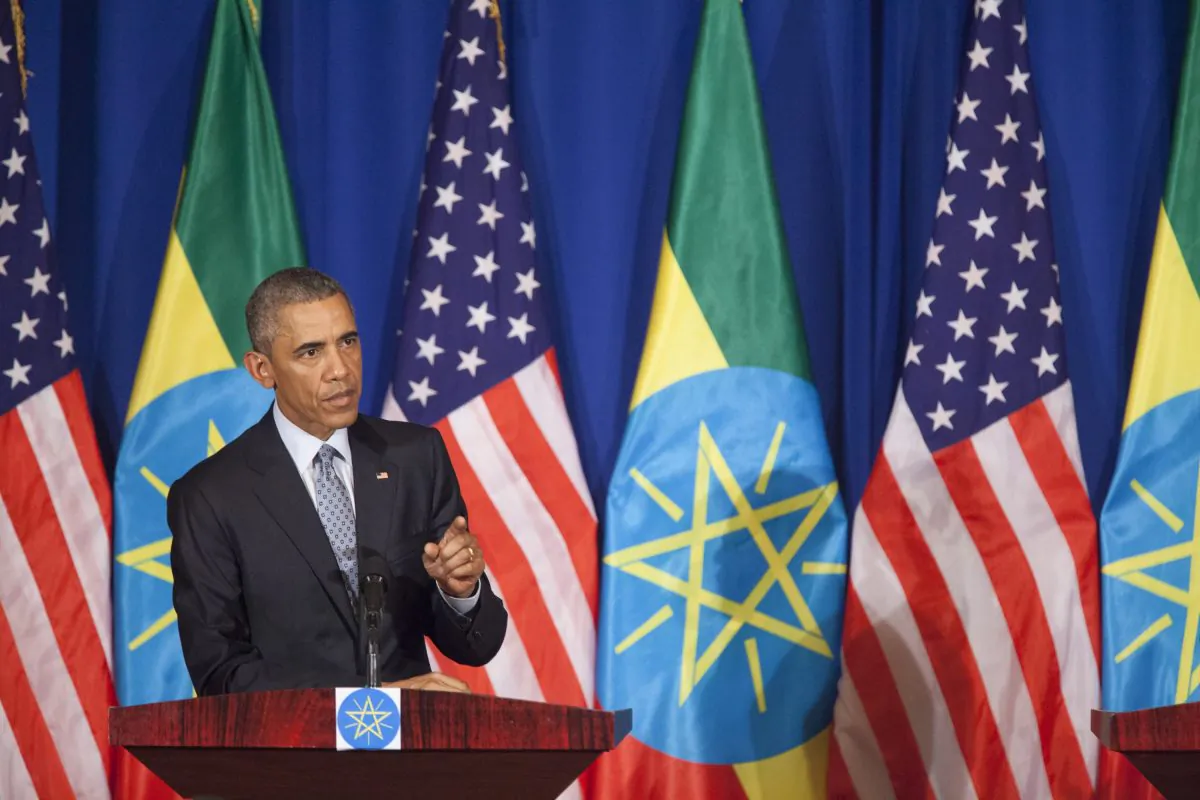 US President Barack Obama gestures during a joint press conference with Prime Minister of Ethiopia Hailemariam Desalegn in Addis Ababa on July 27, 2015. (Zacharias Abubeker/AFP/Getty Images)