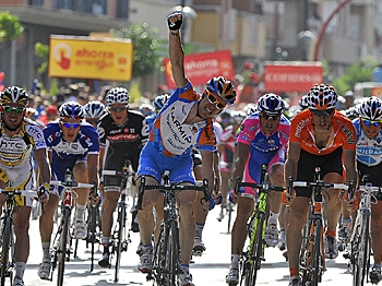 Tyler Farrar of Garmin-Transitions celebrates as he crosses the finish line of Stage Five of the Vuelta a Espana. (Jose Jordan/AFP/Getty Images)