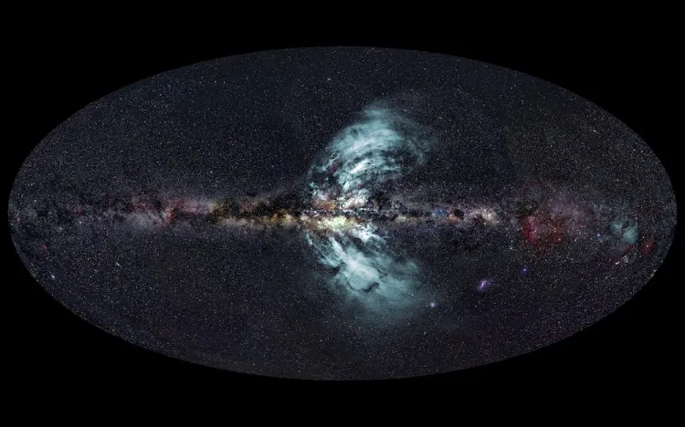 This image shows the “geysers” in blue shooting out of the Milky Way. (Optical image–A. Mellinger/U.Central Michigan; radio image–E. Carretti/CSIRO; radio data–S-PASS team; composition–E. Bresser/CSIRO)