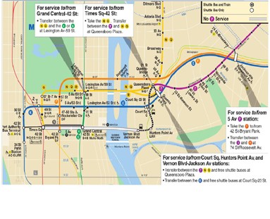 A map of the No. 7 train weekend changes from the end of Dec. to March. (Courtesy of MTA)