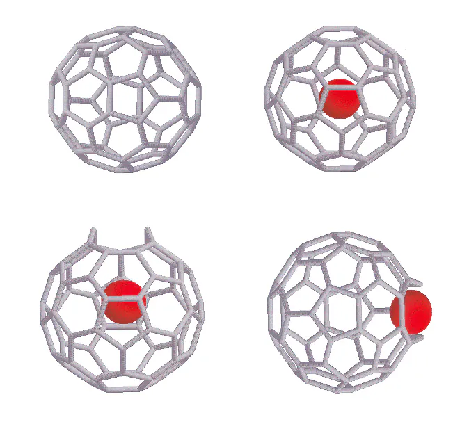 Artist's concept showing encapsulation of a particle inside a fullerene cage or buckyball. (NASA)