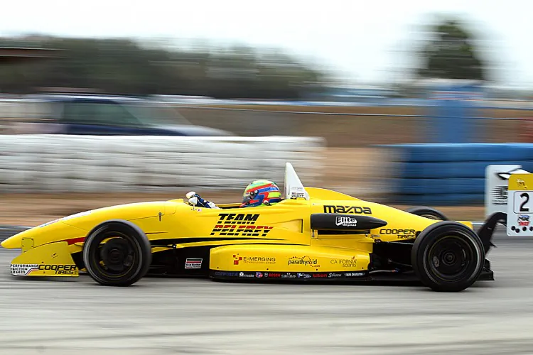 Teammates Matt Brabham, Spencer Pigot, and Trent Hindman, lead the field in the final USF 2000 race. (James Fish/The Epoch Times)
