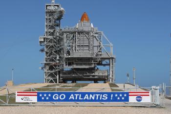 A banner shows support for the space shuttle Atlantis on February 5, 2008 at the Kennedy Space Center in Cape Canaveral, Florida. Atlantis took the European Space Agency's Columbus laboratory to the International Space Station (ISS).  (STAN HONDA/AFP/Getty Images)