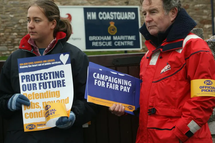 Coastguard agency staff stand on a picket line outside the Brixham MCA complex on March 6 2008. This was the first 24-hour strike in their history. Emergencies were not affected by the strike. (Matt Cardy/Getty Images)