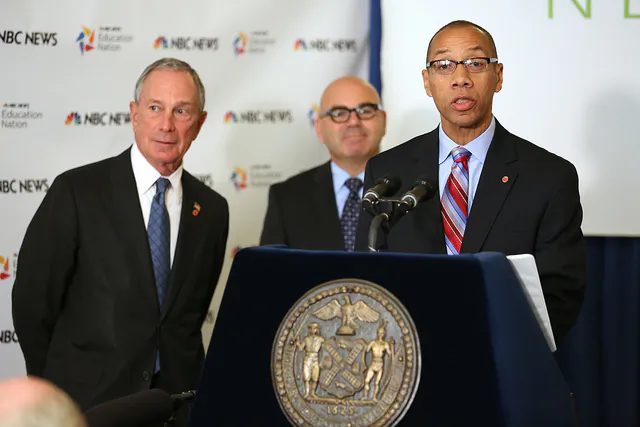 Mayor Bloomberg(L) announces on September 24, 2012, new early education school to open in Brooklyn and the addition of 4,000 full-day pre-kindergarten seats for the 2013-14 school year with Schools Chancellor Walcott(R). (Spencer T Tucker)