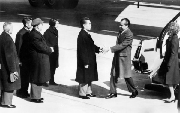Chinese Premier Zhou Enlai welcomes U.S. President Richard Nixon