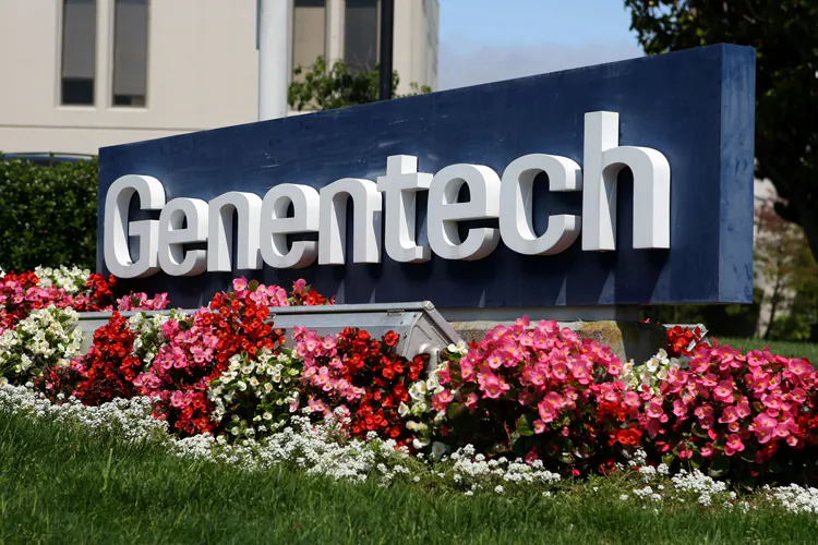 This 2008 file photo shows a sign in front of the San Francisco headquarters of Genentech, maker of the blockbuster cancer drug Avastin. Counterfeit Avastin was recently discovered being sold in the United States by a supplier not approved by the FDA. (Justin Sullivan/Getty Images)