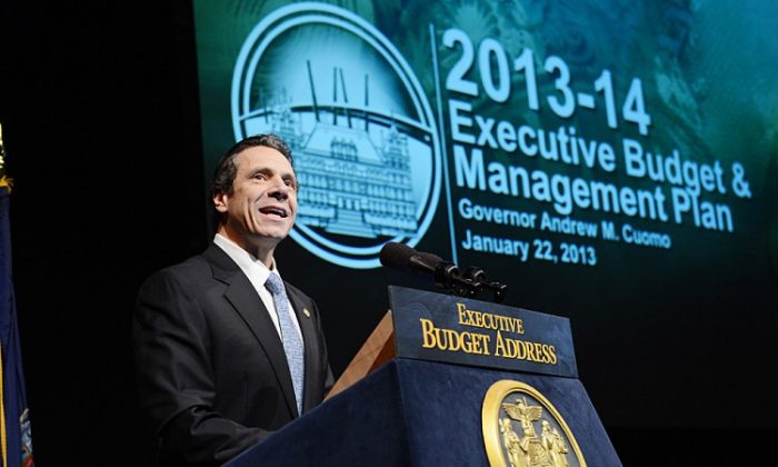 New York State Gov. Andrew Cuomo delivers his budget address to the crowd at the Hart Theatre, Center for the Performing Arts in Albany, N.Y., on Jan. 22. (Courtesy of The Governor's Office)