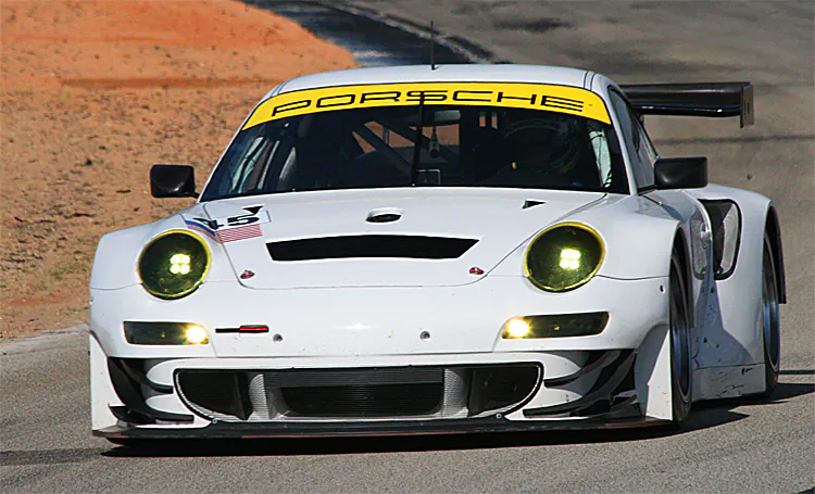 The improved aero kept the No.45 Flying Lizard Porsche glued to the track; balance was a bit tricky. (James Fish/The Epoch Times)