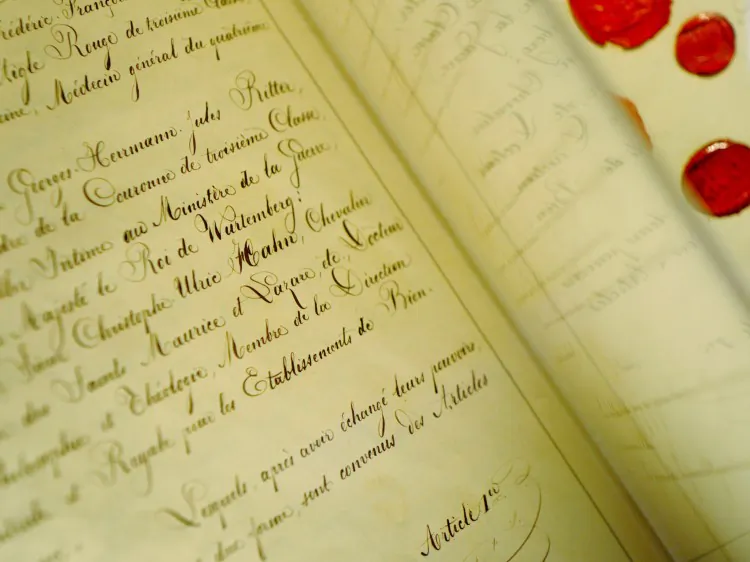 The original document of the first Geneva Convention "for the Amelioration of the Condition of the Wounded in Armies in the Field" signed in 1864 is seen on August 10, 2009. (Fabrice Coffrini/AFP/Getty Images)