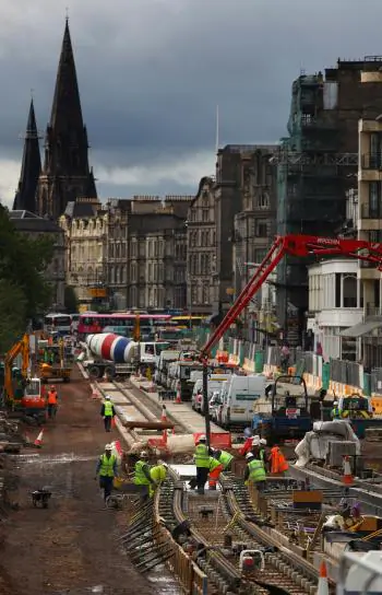 Edinburgh tram project on Princes Street on September 30, 2009 in Edinburgh, Scotland. The final cost could escalate to Â£750million, and might not come into service until 2014, three years behind schedule. (Photo by Jeff J Mitchell/Getty Images)