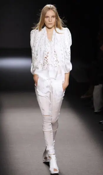 Sharon WauchobÃ�Â¢ lace jacket with pants in her Spring-Summer 2010 collection. (Patrick Kovarik/AFP/Getty Images)