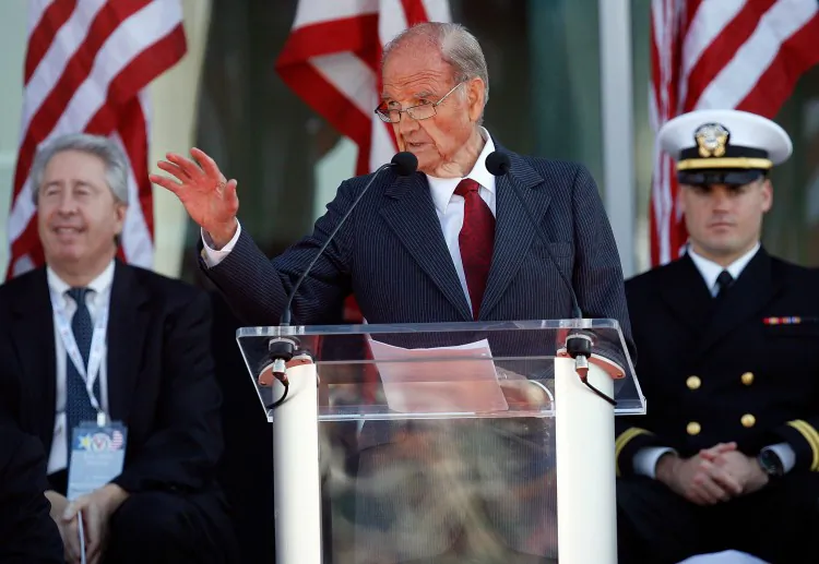 George McGovern speaks during the National World War II Museum Dedication Ceremony in this file photo in New Orleans, La. McGovern's family said that the former senator is on life support, but "no longer responsive." (Sean Gardner/Getty Images)
