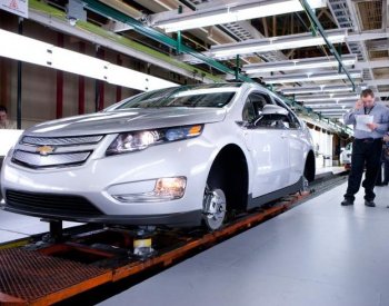 GM'S FUTURE: In this handout image provided by General Motors, The first pre-production Chevrolet Volt is on the assembly line at the Detroit-Hamtramck manufacturing plant on March 29 in Detroit.