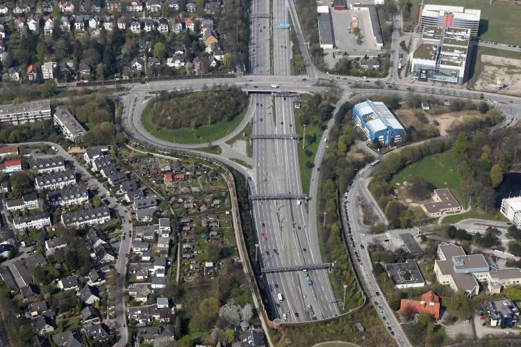 This aerial view shows the motorway A7 near the Elbtunnel at the Hanseatic city of Hamburg on April 24, 2010 in Hamburg, Germany. (Andreas Rentz/Getty Images)