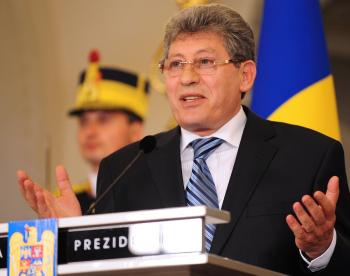 Moldovan interim President Mihai Ghimpu answers the questions of journalists at The Cotroceni Palace, the Romanian Presidency headquarters in Bucharest on April 27. (Daniel Mihailescu/Getty Images)