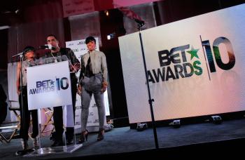 Rapper and music mogul Sean 'Diddy' Combs (center) and singers Dawn Richard (Left) and Kaleena announce the host, nominees and performers for the 10th Annual BET Awards at 230 Fifth Avenue on May 18, 2010 in New York City.  (Jemal Countess/Getty Images)