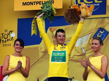 Thomas Voeckler enjoys donning race leaders' yellow jersey one more time after Stage Fifteen of the 2011 Tour de France. (Bryn Lennon/Getty Images) Thomas Voeckler enjoys donning race leaders' yellow jersey one more time after Stage Fifteen of the 2011 Tour de France. (Bryn Lennon/Getty Images)