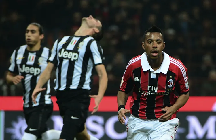 AC Milan’s Robinho (R) celebrates after scoring from the penalty spot against Juventus in Sunday’s Serie A action at the San Siro in Milan.(Olivier Morin/AFP/Getty Images)