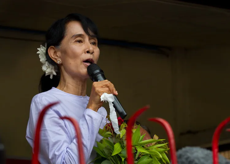Democracy leader Aung San Suu Kyi speaks after winning her seat in the parliamentary elections April 2 in Yangon, Burma. (Paula Bronstein/Getty Images)