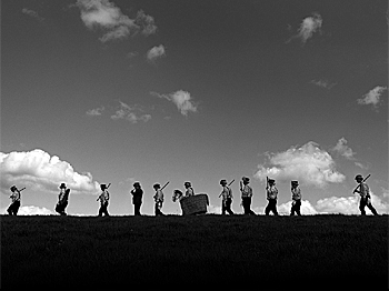 Inspired by the classic war photograph taken by Ernest Brooks, this image directly connects today's morris men to their fore-fathers who fell in the Great War. (Wolf Marloh) Inspired by the classic war photograph taken by Ernest Brooks, this image directly connects today's morris men to their fore-fathers who fell in the Great War. (Wolf Marloh)