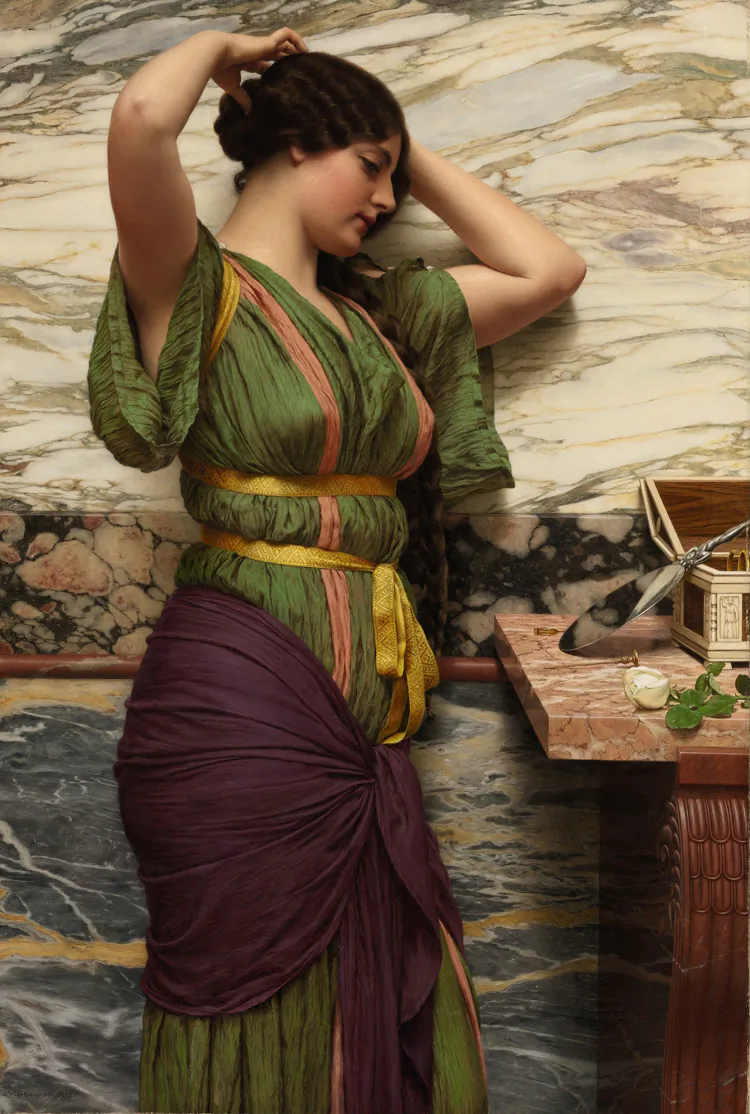“A Fair Reflection,” 1915, by British artist John William Godward, R.B.A. Oil on canvas, 46 by 31.5 inches. Estimate: $400,000 to $600,000. (Courtesy of Sotheby’s)