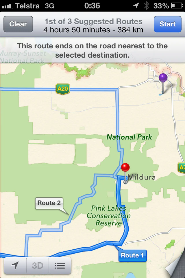 A photo of the Apple Maps route to Mildura that was diverted to Murray-Sunset National Park, which has rugged terrain and temperatures in excess of 110 degrees Fahrenheit. (Screenshot by The Epoch Times)
