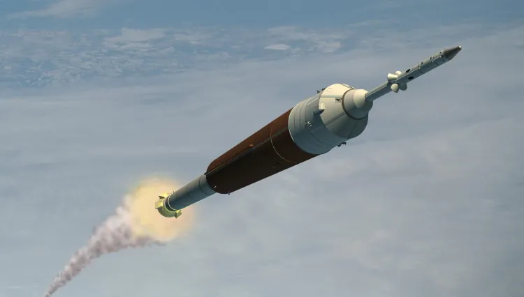 Artist's concept of NASA's Ares I crew launch vehicle. New research suggests that traveling faster than light-speed through space could annihilate your destination. (NASA)
