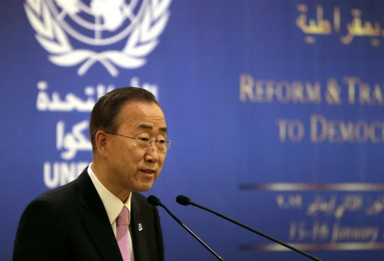 United Nations secretary general Ban Ki-moon speaks at a press conference in Beirut, Lebanon, on Jan. 15. (Joseph Eid/AFP/Getty Images)