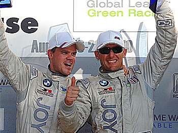 BMW drivers Joey Hand and Dirk Mueller celebrate winning the ALMS Road America Road Race Showcase winds down. (Americanlemans.com)