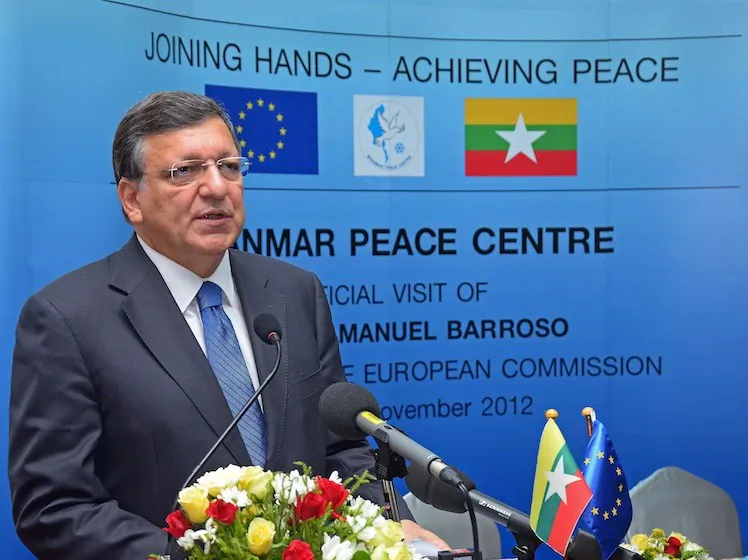 President of the European Commission, Jose Manuel Barroso speaks during the opening of Myanmar Peace Center in Yangon on Nov. 3. (STR/AFP/Getty Images)