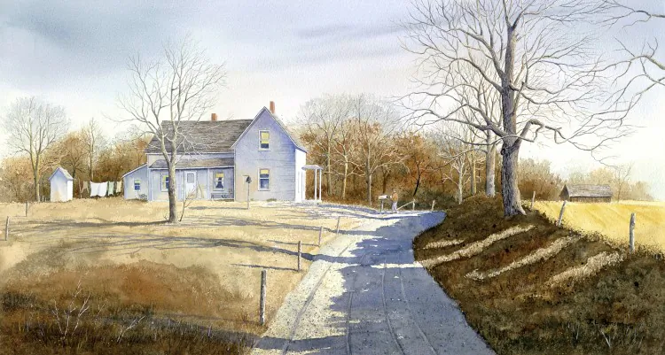 “Setting Fence Posts.” “This scene of a shingle-sided barn in Door County, Wis., sets the stage for a story told by the ghost-like figures of a common task done on farms, setting fence posts.” –J. L. Benson