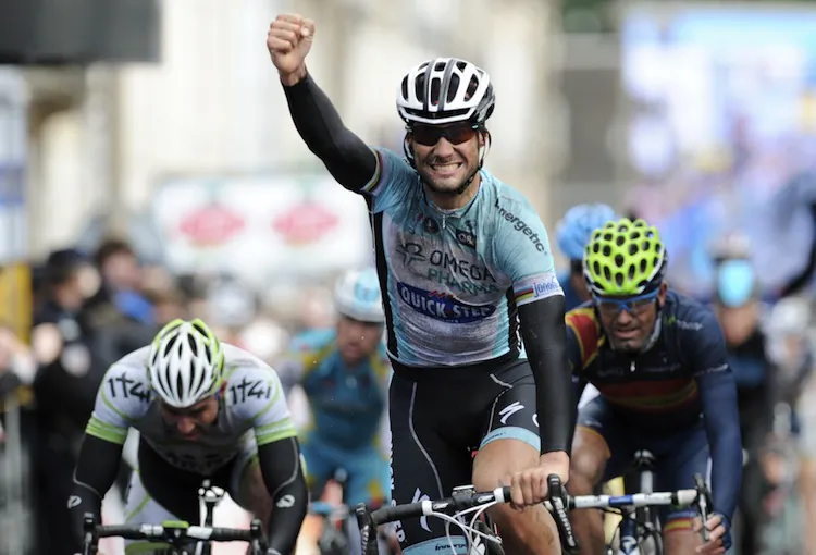 Tom Boonen (C) celebrates as he wins Stage Two of the 2012 Paris-Nice cycling race. (Pascal Pavani/AFP/Getty Images)