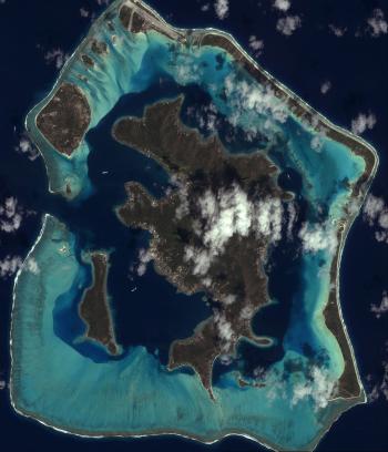 Satellite image of Bora Bora's main island, referred to as 'The Marvelous Island.' Bora Bora is part of French Polynesia, located northwest of Tahiti in the South Pacific. The island is more than seven million years old. (Spaceimaging.com/Getty Images) Satellite image of Bora Bora's main island, referred to as 'The Marvelous Island.' Bora Bora is part of French Polynesia, located northwest of Tahiti in the South Pacific. The island is more than seven million years old. (Spaceimaging.com/Getty Images)