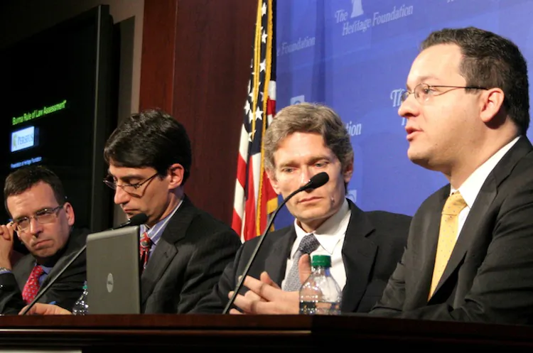 Representatives from human right organizations discuss United States polices toward Burma on Feb. 13 at the Heritage Foundation in Washington, D.C. Walter Lohman (L), director of the Asian Studies Center at the Heritage Foundation, hosts the discussion including Frank Jannuzi (2nd L) of Amnesty International, Tom Malinowski (2nd Right) of Human Rights Watch, and Jared Genser (R) of Perseus Strategies. (Gary Feuerberg/The Epoch Times)