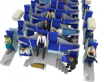 ANOTHER LEVEL: The Business-Flex design from Jacob Innovations would give airplane passengers enough room to lie down and sleep, more leg room, and would allow for more seats to fit in a given airplane. (Courtesy of Jacob Innovations LLC) ANOTHER LEVEL: The Business-Flex design from Jacob Innovations would give airplane passengers enough room to lie down and sleep, more leg room, and would allow for more seats to fit in a given airplane. (Courtesy of Jacob Innovations LLC)