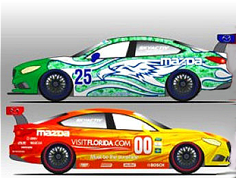 Mazda is bringing three Mazda6Skyactiv diesels to the Rolex—, the #70SpeedSource car of Jonathan Bomarito, Marino Franchitti, James Hinchcliffe, Tom Long and Sylvain Tremblay, the #25 Freedom Autosport car for Continental Tore Sports Car Challenge winners (top) and the #00 VisitFlorida/SpeedSource/Yellow Dragon car which Nunex and friends will drive. (Mazda Motorsports)