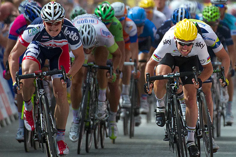 Sky’s Mark Cavendish (R), sprints to the finish line ahead of Lotto's Andre Greipel (L) at the end of Stage Two Tour de France. (Lionel Bonaventure/AFP/GettyImages)