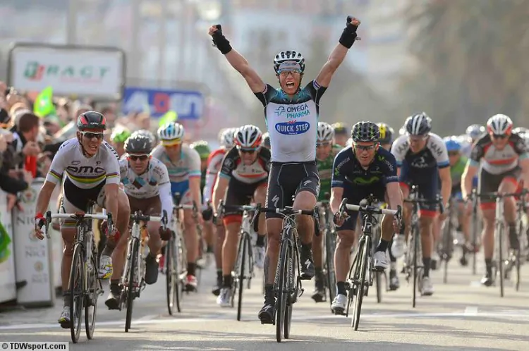 Omega Pharma-Quickstep’s Sylvain Chavanel celebrates winning Stage Six of the 2013 Paris-Nice cycling race. (omegapharma-quickstep.com)