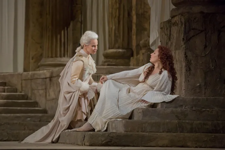  (L–R) Giuseppe Filianoti as Tito and Elina Garanca as Sesto at the moment when the emperor grants pardon, in Mozart’s “La Clemenza di Tito.” (Ken Howard/Metropolitan Opera)